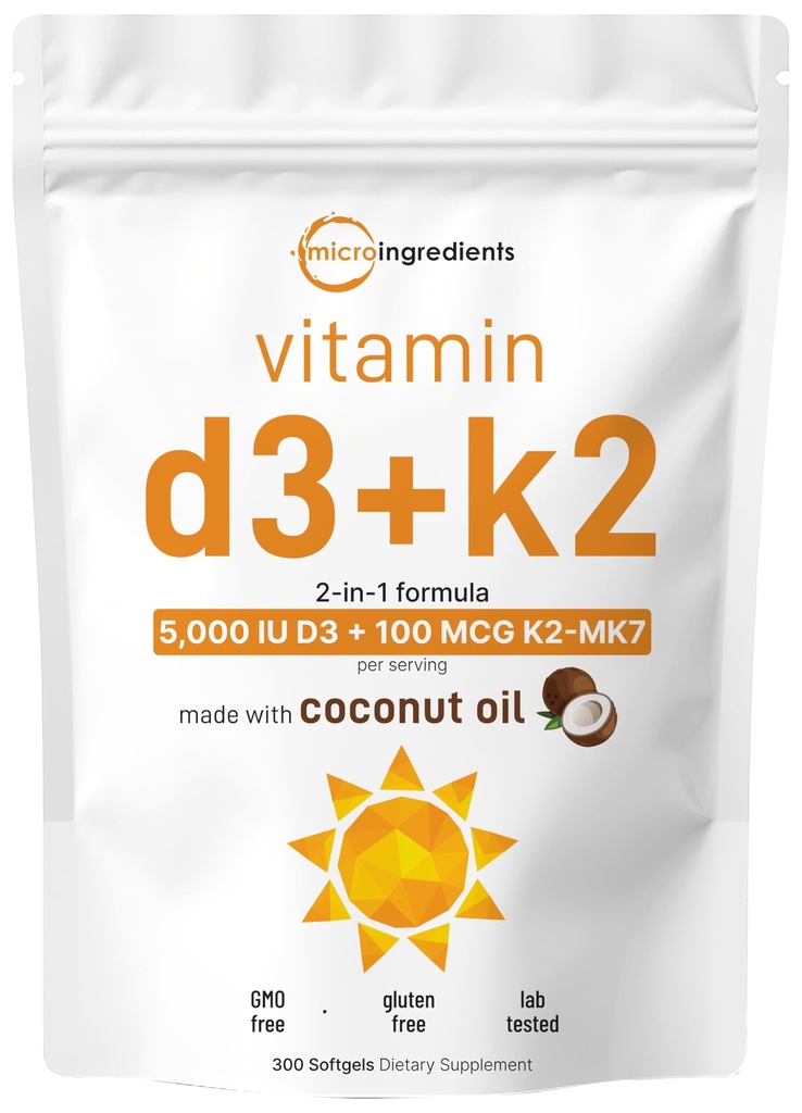 Mikroingredienser Vitamin D3 5000 IU + K2 MK-7 100 mg, 300 Softgels | Jomfru kokosolje | 2-i-1 Bein, Immun og hjerte støtte | Lett å svelge, ikke-GMO