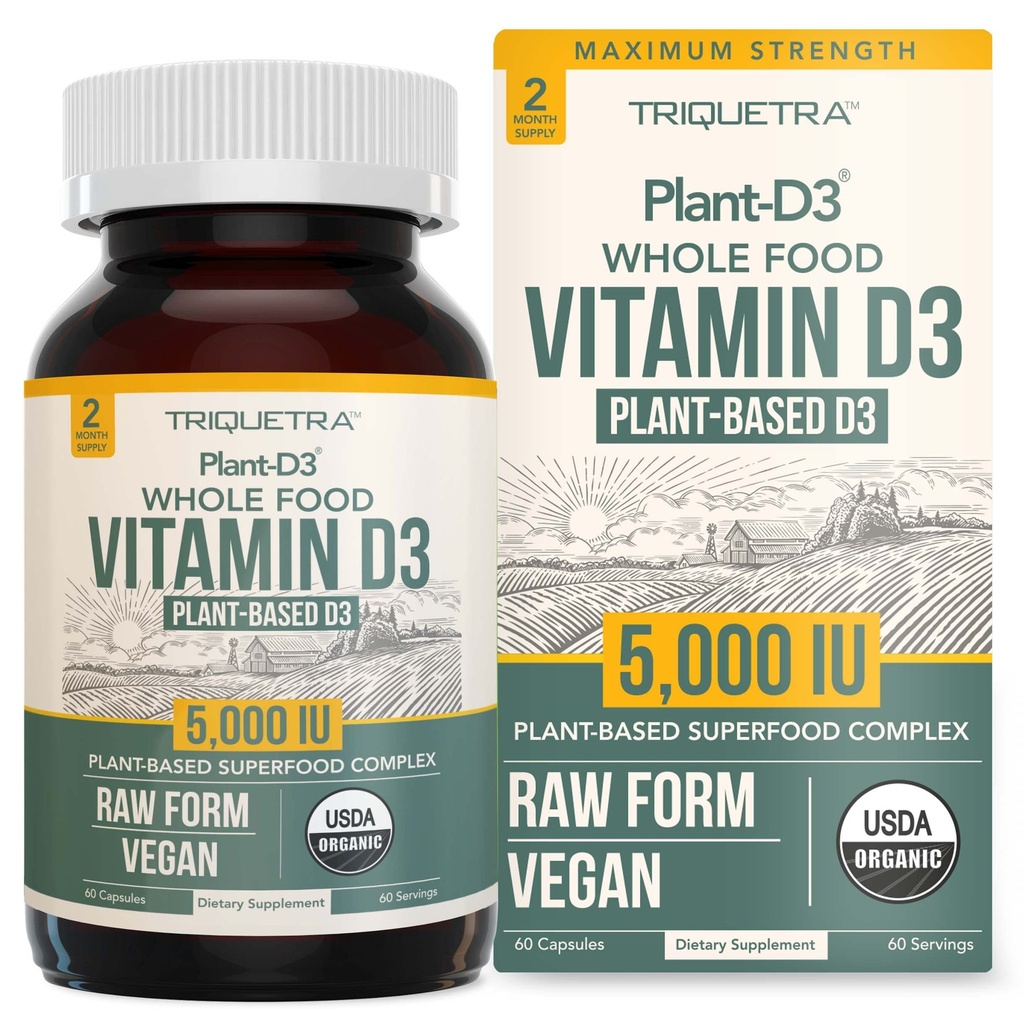 Organisk vitamin D3 5000 IU - 100% hele mat og plantebasert kolekalciferolform, 100% vegansk vitamin D - Forbedret med prebiotisk og superfood kompleks - organisk, vegansk, GMO & Glutenfri (60 kapsler)