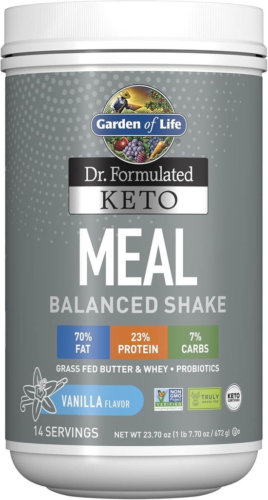 Livshage Dr. Formulert Keto Måltid Balansert Shake - Vanilla pulver, 14 serveringer, Sannelig Gras Fed Butter & Whey Protein pluss probiotika, ikke-GMO, Glutenfri, Ketogen, Paleo Måltid Erstatning