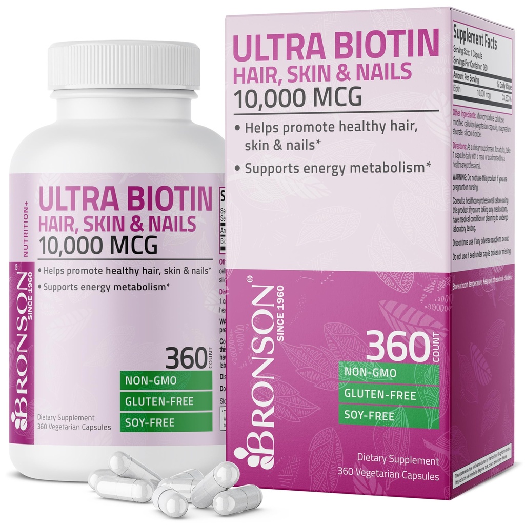 Bronson Ultra Biotin 10 000 Mcg hår hud og negler Supplement, ikke-GMO, 360 vegetarisk kapsel