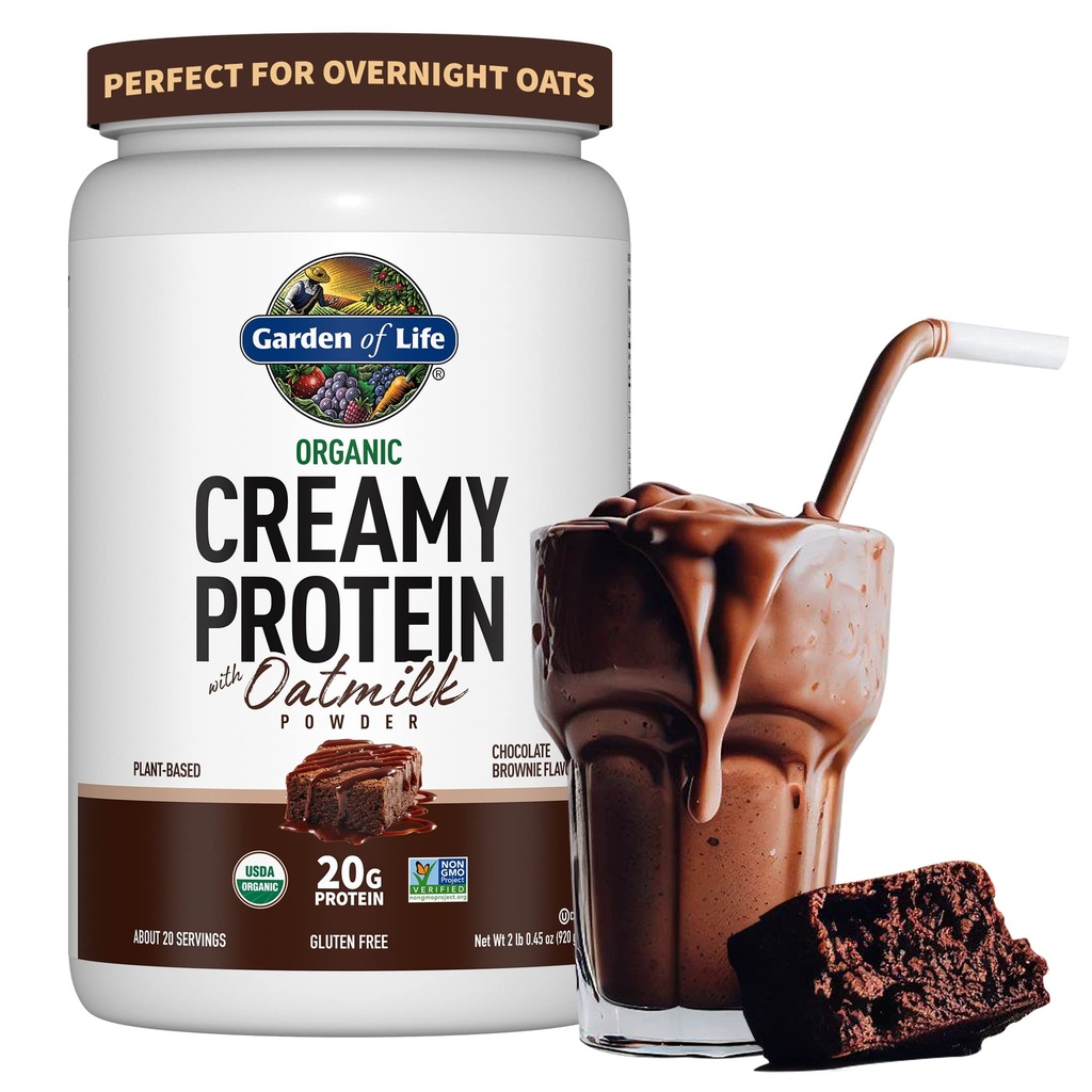 Hage av liv kremet organisk vegansk protein pulver + havreMilk, 20g komplett plantebasert protein, kokosvann, MCTs, sprouted korn, prebiotika, probiotika – glutenfri, sjokolade Brownie, 2 LBS