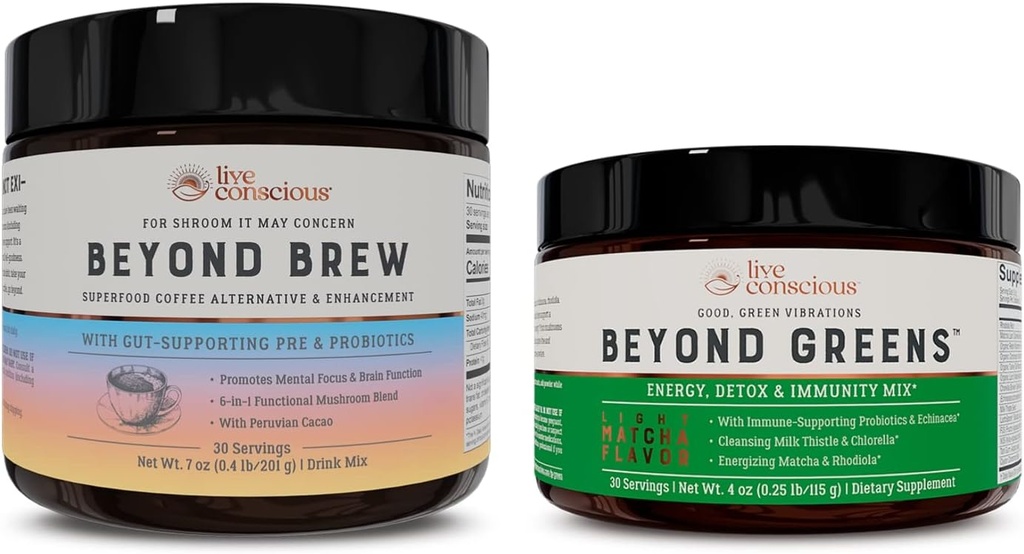 Live bevisst Beyond Greens & Beyond Brew ® Delicious Greens pulver for å blomstre + Mushroom Superfood Kaffe alternativ kaffe gratis