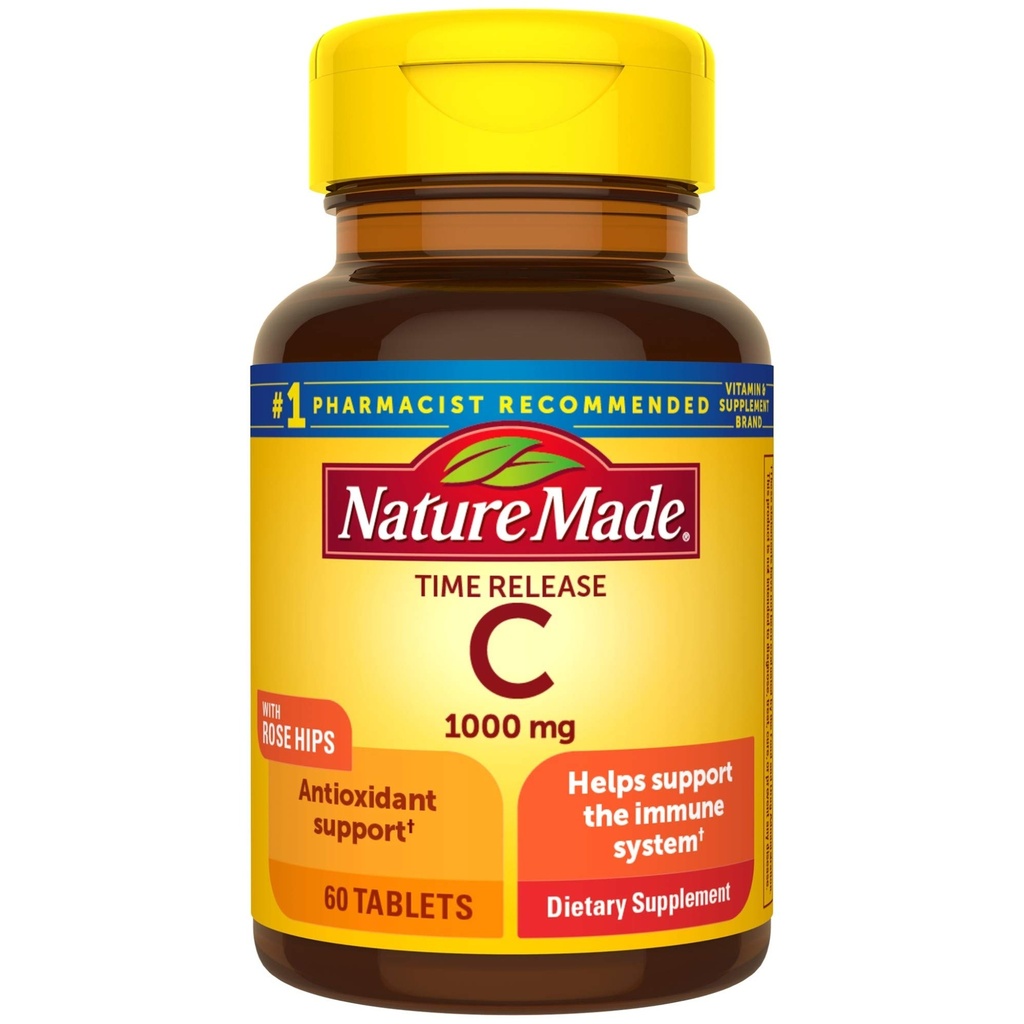 Naturlaget vitamin C 1000 mg Time Release Tabletter med Rose Hips, 60 teller for å støtte immunsystemet
