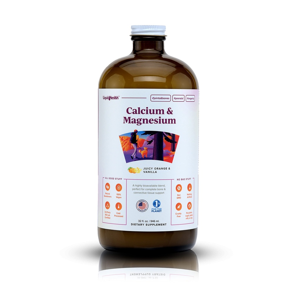 LIQUIDHEALTH Kalsium og magnesium voksen flytende vitamin Supplement - Bein, ledd, muskel, bindevevsstøtte, hjerte helse, essensielle næringsstoffer - laget i USA, Vegan, ikke GMO, Ingen sukker (32 oz)