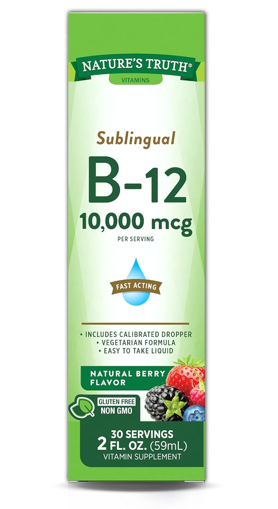 Naturens sannhet sublingual vitamin B-12 10.000 Mcg, raskvirkende flytende, naturlig berry flavor, 2 flytende havre (pakke med 1)