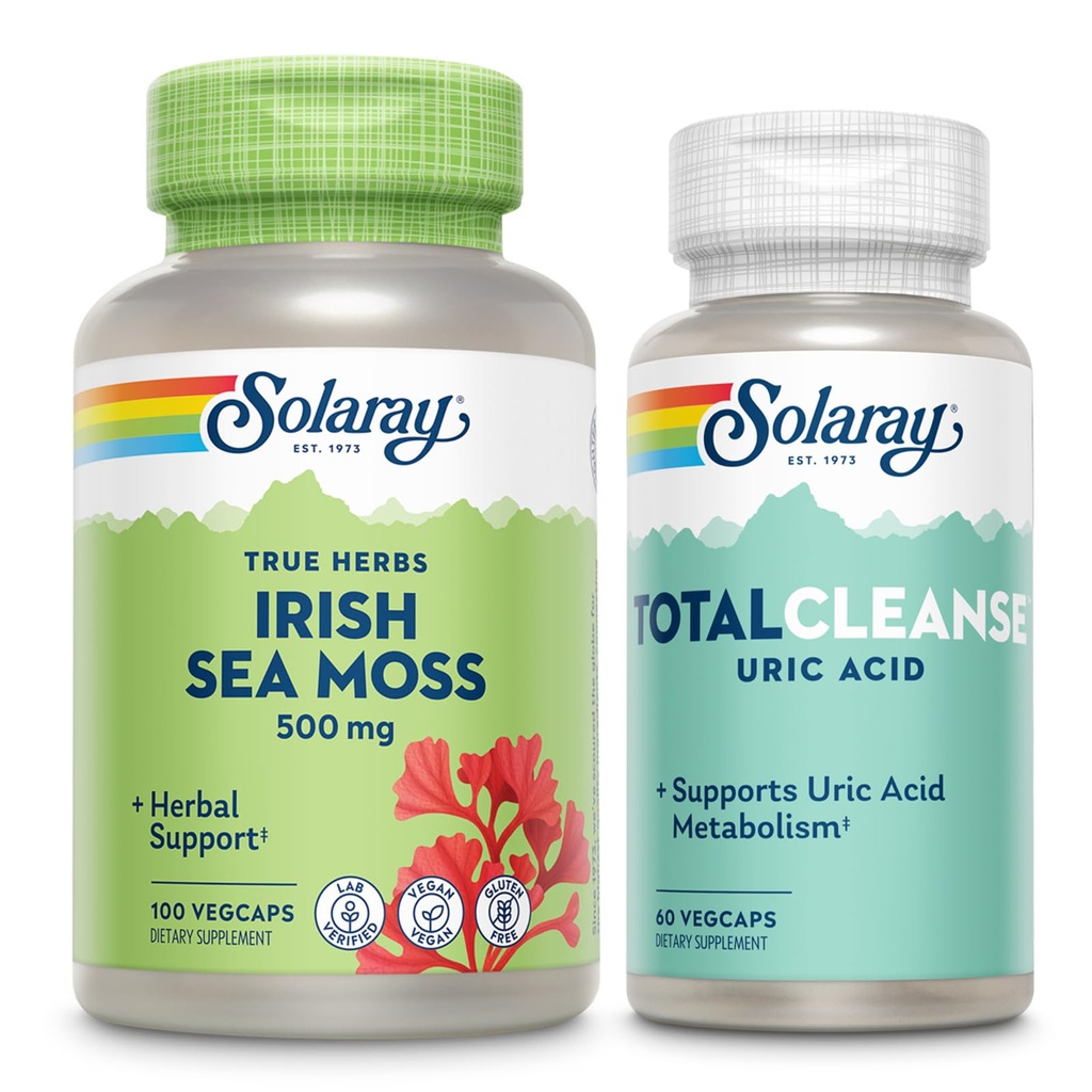 SOLARAY Irsk hav Moss og total rens uric syre - velvære og felles helse Bundle w/naturelt forekommende vitaminer, mineraler, levende bakterier, pluss tart Cherry, turmerisk og cellery frø, 100/60ct