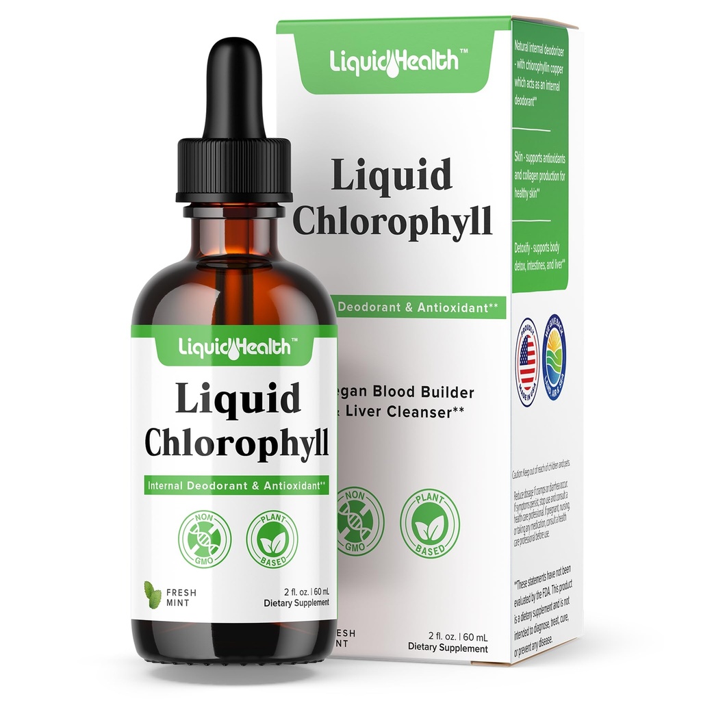 LIQUIDHEALTH Flytende Klorofyll Dråper - Intern Deodorizer, Liver Detox, Immun støtte, Fremme kollagen for hår og hud, Stopp dårlig puste, Reduser Appetitt - laget i USA, Vegan, Ikke-GMO (2 oz)