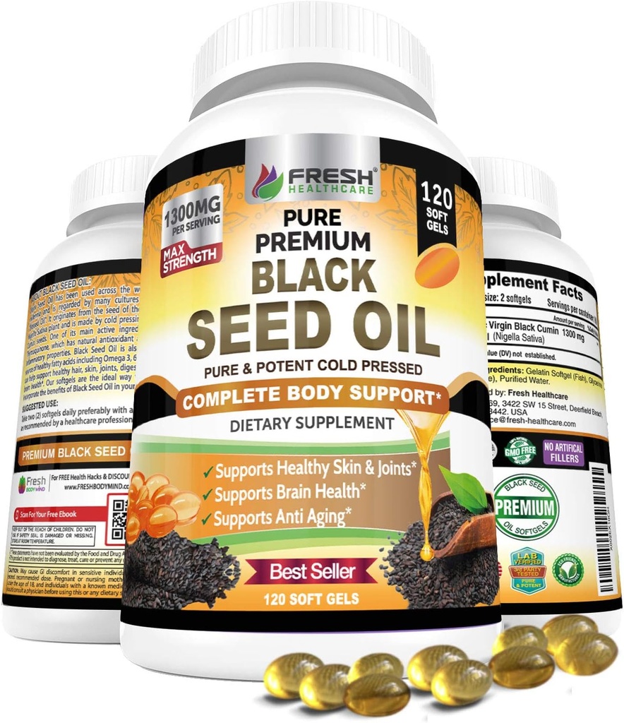 FRESH HealthyCARE Black Seed Oil Capsules Cold Pressed 1300mg - 100% ren ikke-GMO Nigella Sativa - Immun & Joint Support - Premium Softgel Supplement
