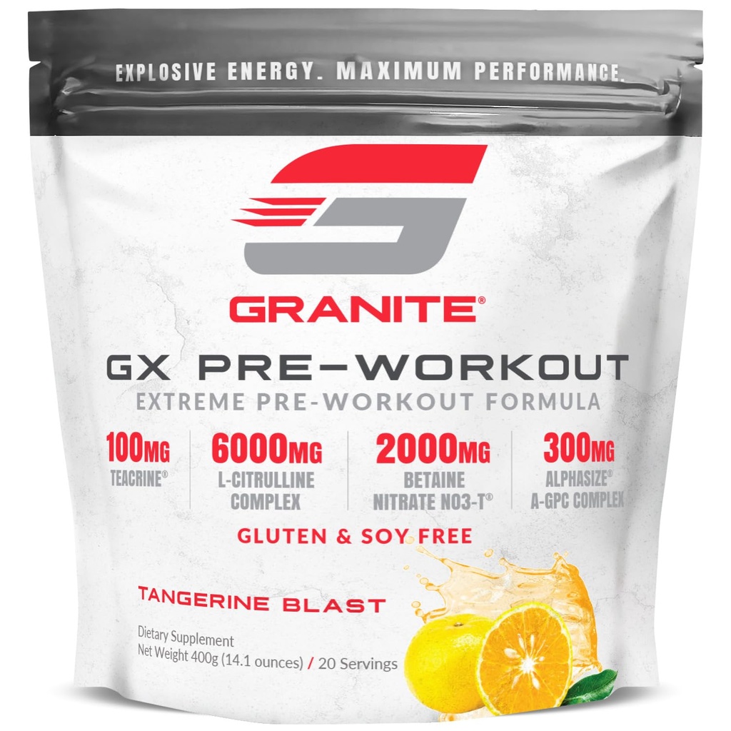 Granite GX Pre Workout Supplement, Tangerine Blast Flavor, støtter fokus, energi og ytelse med teacrine, L-Citrulline, Betaine og A-GPC (20 Serveringer)