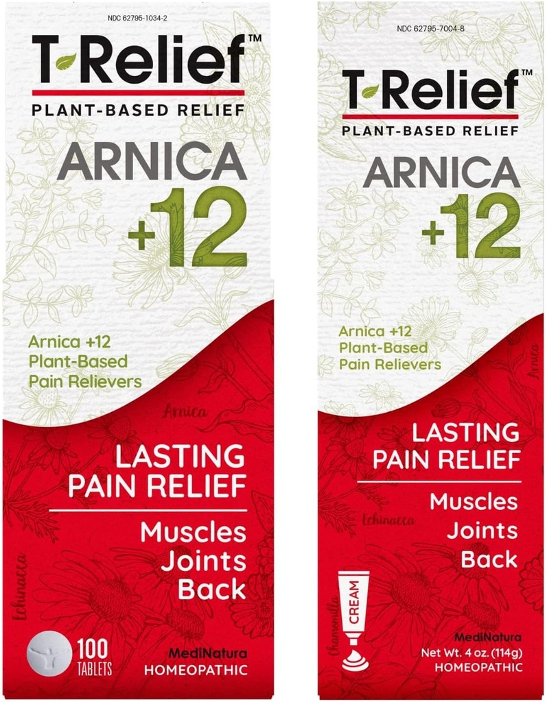 MediNatura T-Relief Arnica +12 Naturlig smertestillende 100ct tabletter T-Relief Naturlig smerte lindring Arnica +12 4oz Cream Bundle