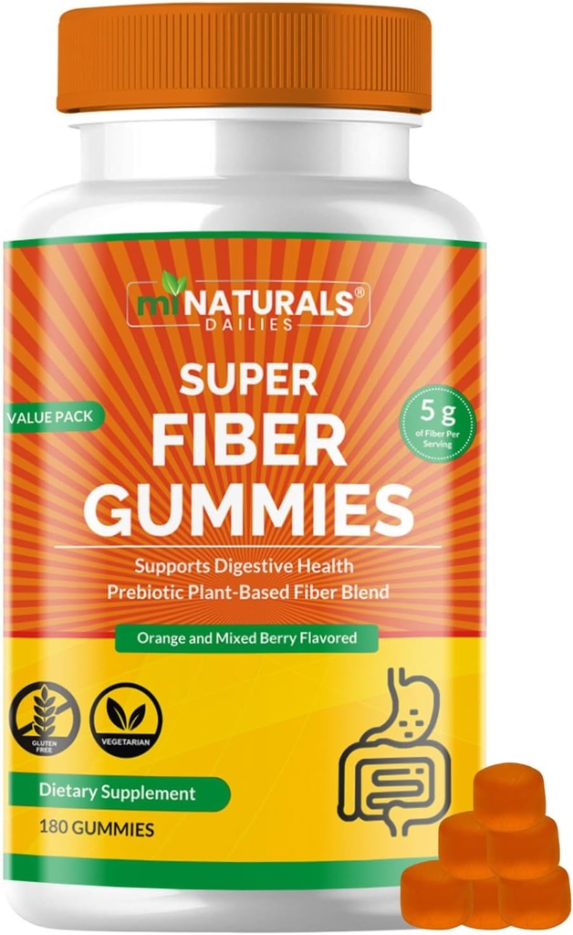 MINATURALS Prebiotiske Fiber Supplement Gummies | Verdipakke - 180 ct | 5 g per Gummy | Plant Basert Digestive Gut Cleansing | Orange & Blandet Berry