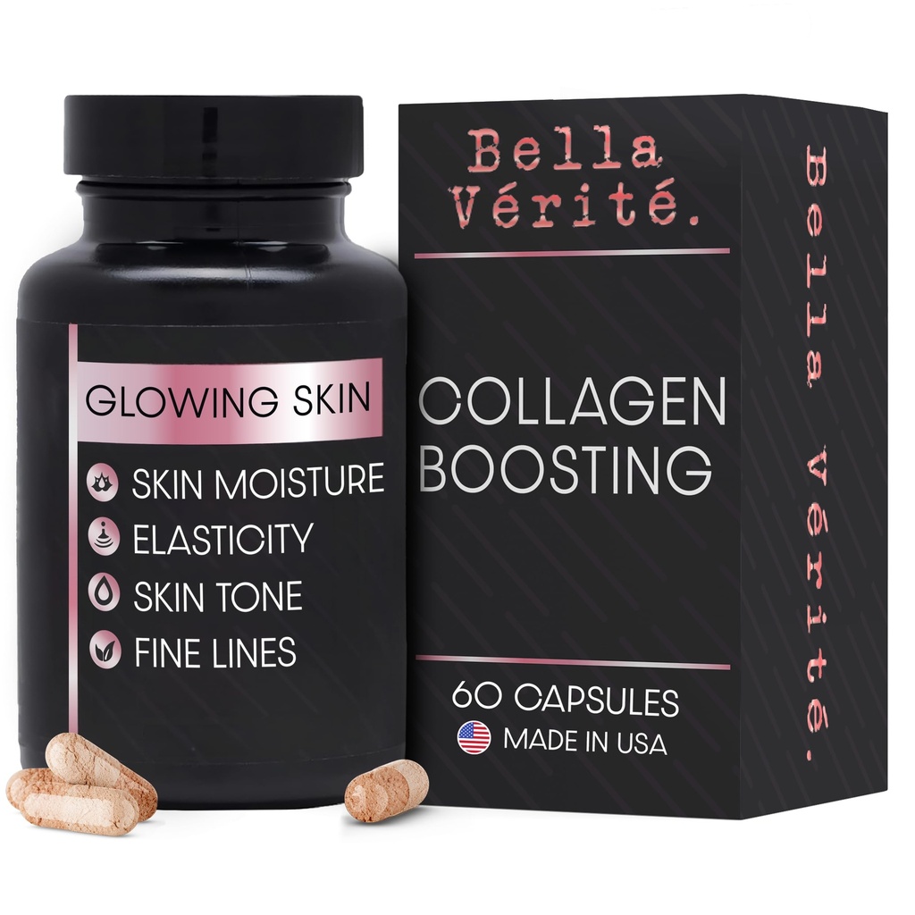 Bella Vérité Daily Collagen Supplement for kvinner og menn - essensielle vitaminer for en ungdommelig, strålende kompleksion og generell helse - støtte Glødende & glatt hud, Redusere rynker og tørrhet (60 kapsler)