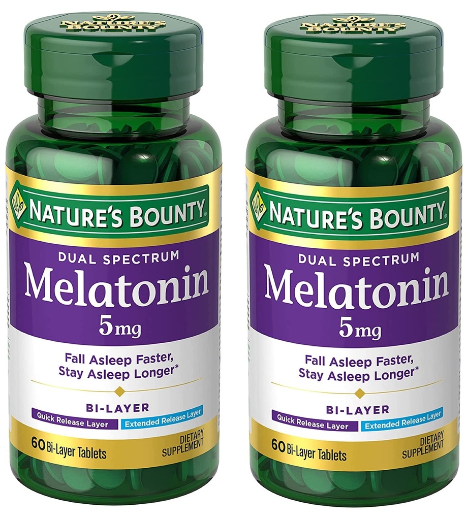 Naturens Bounty Melatonin 5mg Dual Spectrum, 100% Drug Free Sleep Supplement, Rask frigjøring og utvidet frigjøring, fremmer avslapping og søvn helse, 60 Bi-Layer Tabletter (pakke av 2)