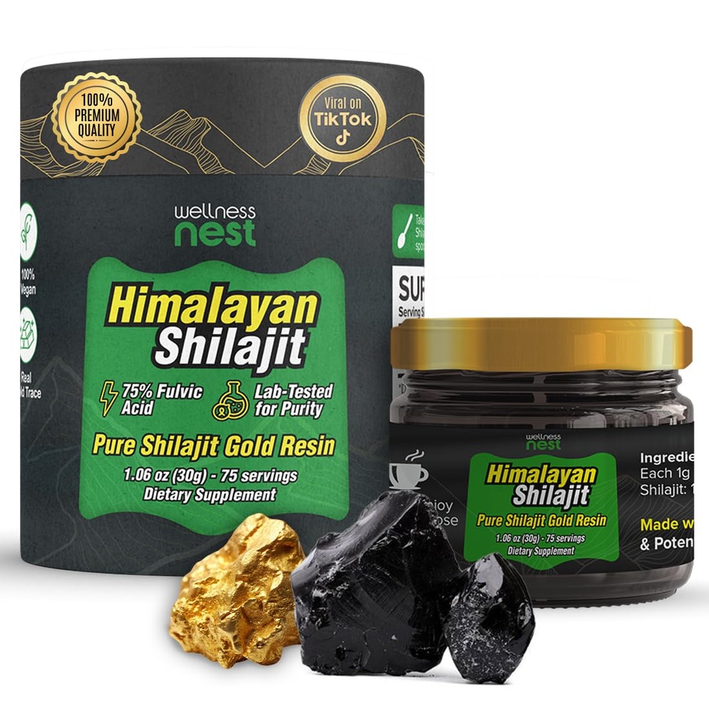 Velvære Nest Gold Grade ren Himalayan Shilajit Resin: Ultimate Potens for menn og kvinner - 24k Gull, 75% + Fulvic Acid, Lab Test Report Inkludert - 30g (1 Pack), 75 Services