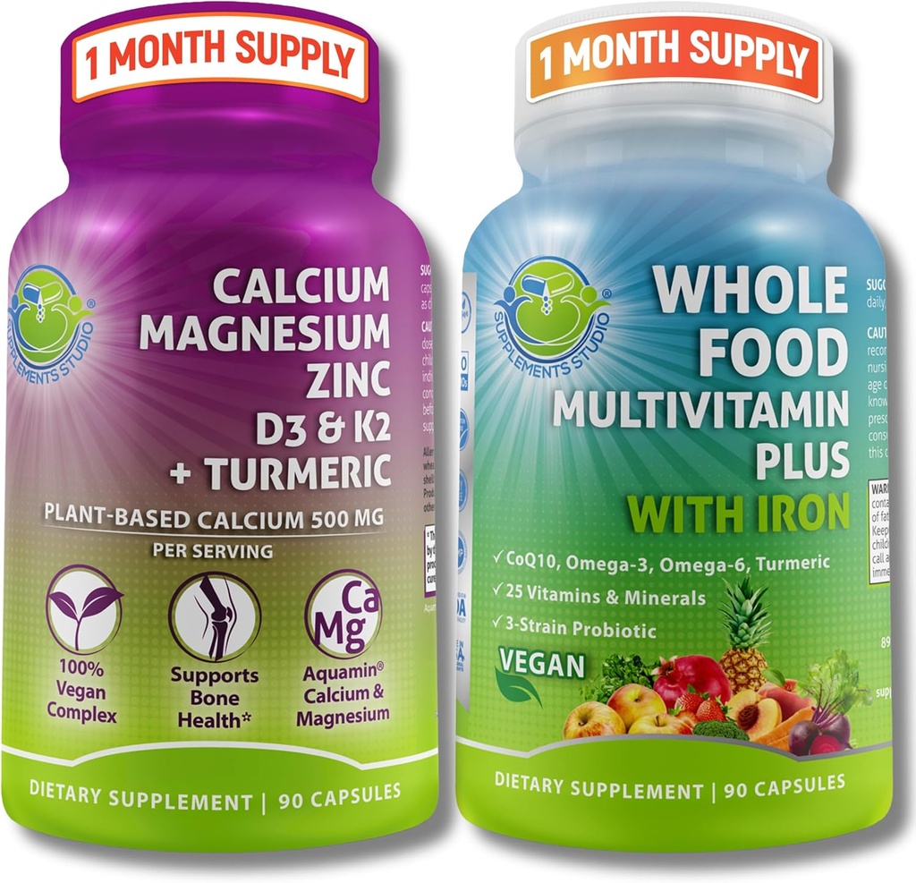 Vegan Hele mat Multivitamin med jern + plantebasert kalsium, magnesium, sink, D3, K2 & gurkemeie – Vegan daglig støtte for energi, bein helse, immunitet og total velvære Trio