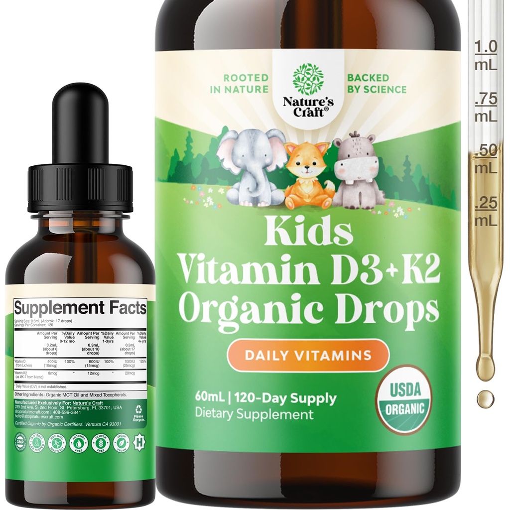 Natures Craft Kids Vitamin D3 K2 Dråper - Organisk vitamin D for barn for sterke bein og ledd - Spedbarn, babyer og toddler immunstøtte faller flytende kosttilskudd - 60 ml flaske