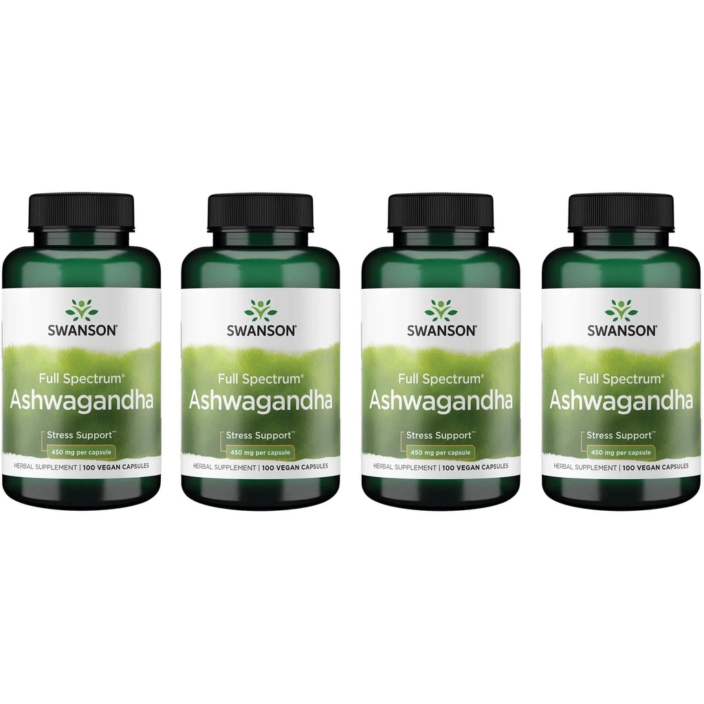 Swanson Ashwagandha pulver Supplement - med Ashwagandha Root å fremme stress relief & energi - Ayurvedic Supplement for naturlig velvære (100 kapsler, 450 mg hver) 4 Pack