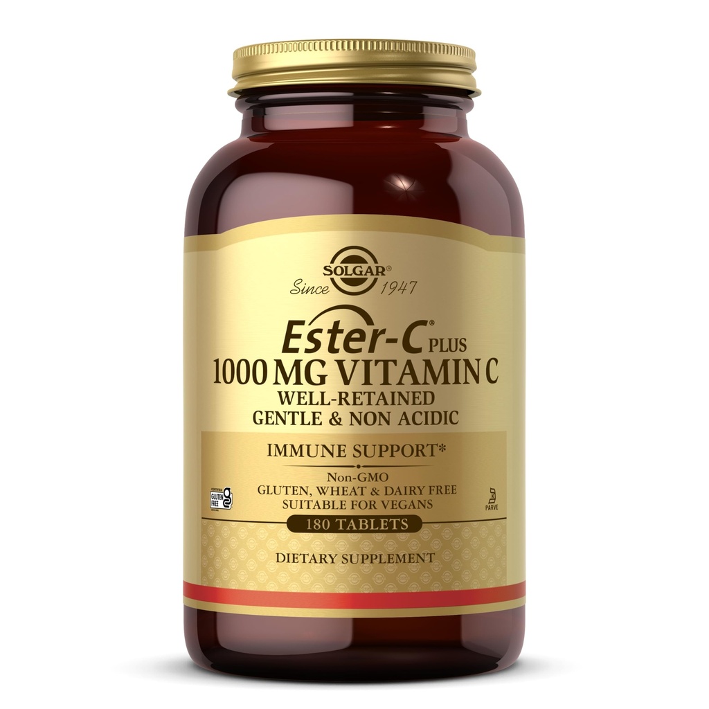 Solgar Ester-C Plus 1000 mg vitamin C (Askorbate Complex) - 180 tabletter - Gentle & Non Acidic - støtter øvre respiratorisk helse - ikke-GMO, Glutenfri - 180 serveringer