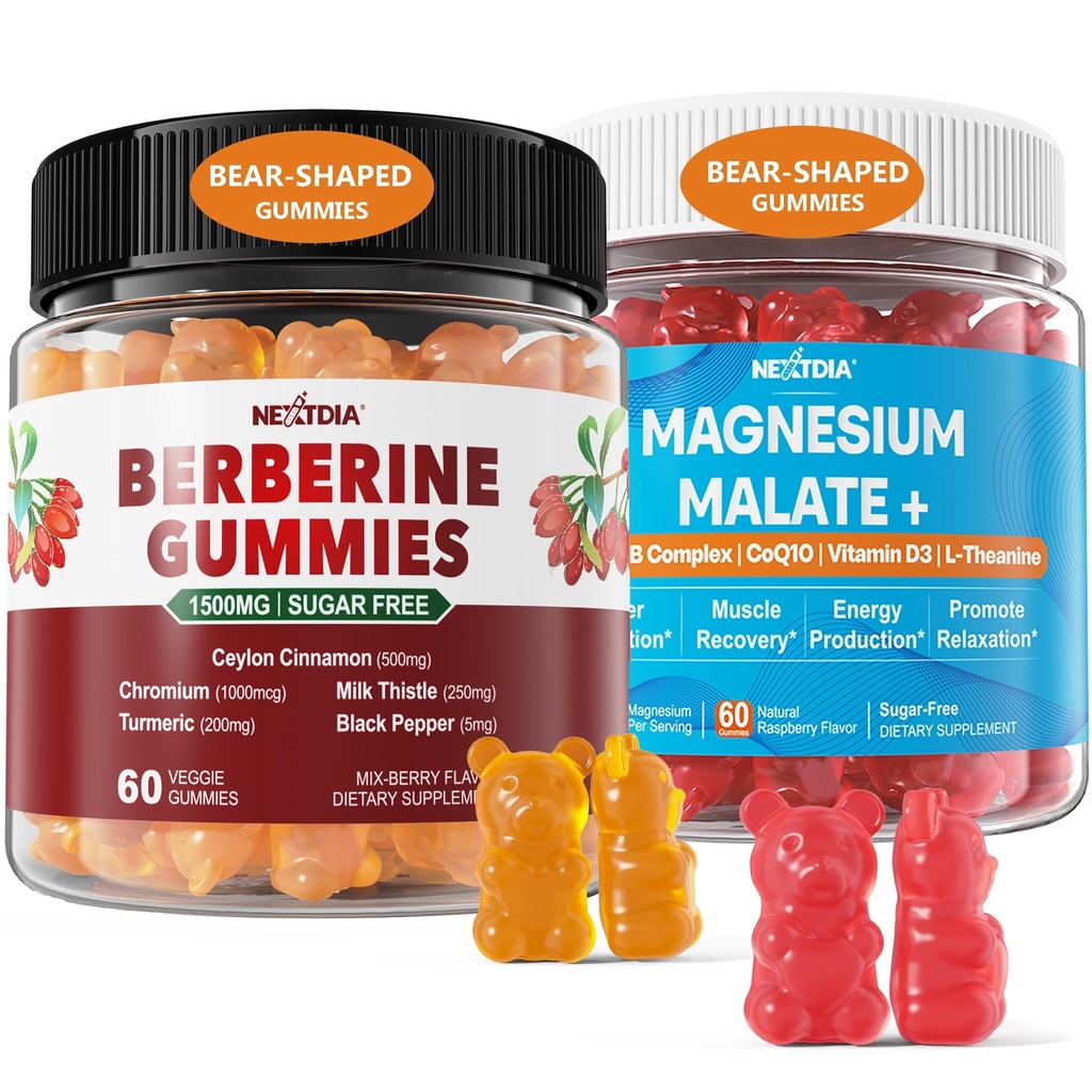 2Pack Berberine Supplement Gummies 1500mg + 2Pack Magnesium Malate med CoQ10-100mg Gummies