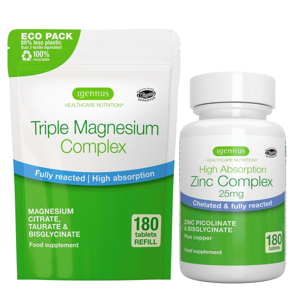 Triple Magnesium Complex 180 tabletter + sinkkompleks Vegansk Bundle, høy absorpsjon Chelated Magnesium + 25 mg Chelated Zinc Picolinat & Bisglicinat med kobber, ved Igenus