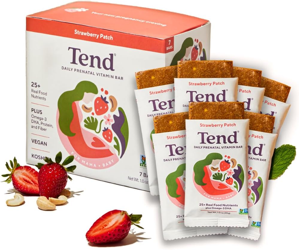 Tend Daglig Best Prenatal Vitamin Bar, laget med organiske ingredienser for gravide og postpartum mødre, Inkluderer DHA, vitamin D, B, Choline, Folate, Sunflower Lecitin - Strawberry Patch (7ct)