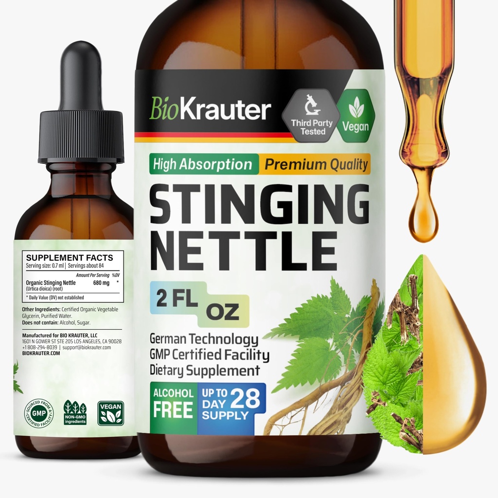 BIO KRAUTER Stinging Nettle Tincture - Nettle Root Extract Liquid - Urtica Dioica Natural Extract - Vegan, Sukker og alkohol Free Drops 2 Fl.Oz.