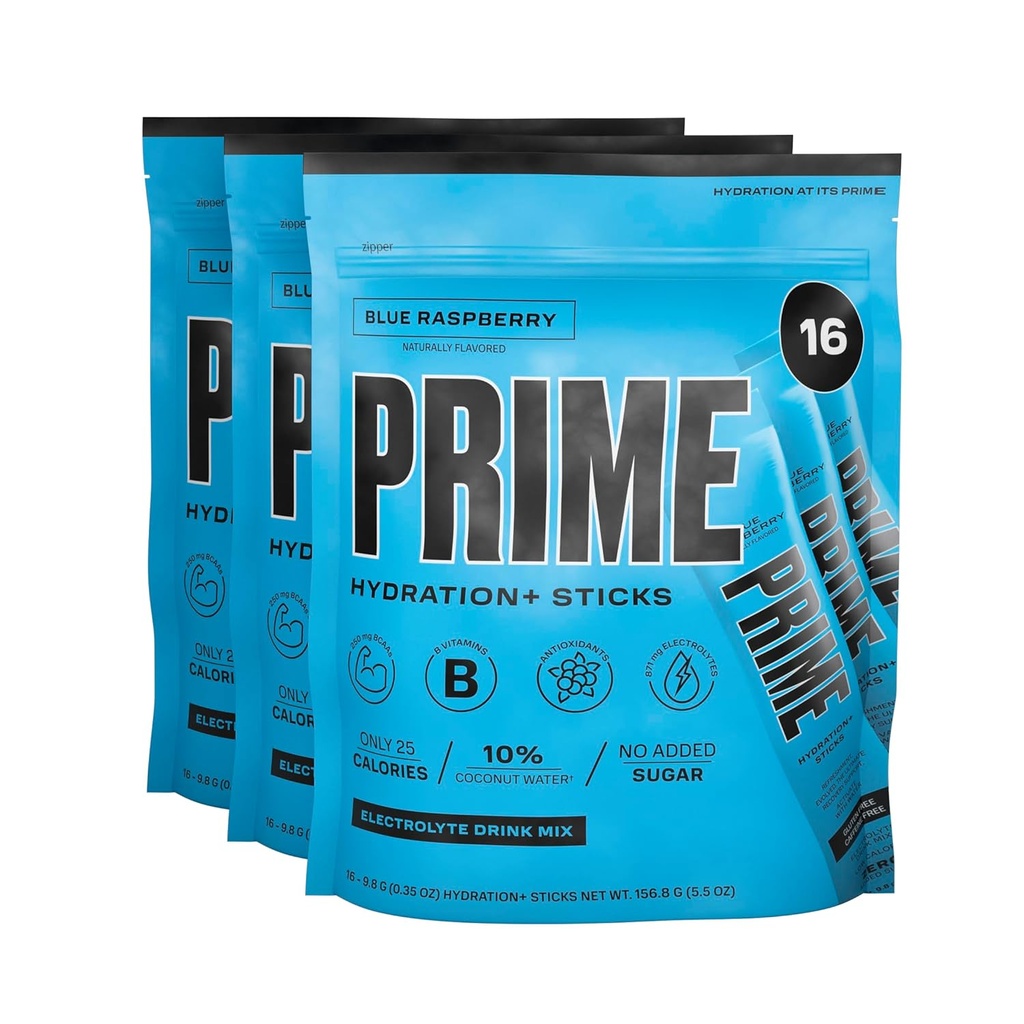 PRIME HYDRATION+ Sticks Blå Raspberry ® Oversettelse pulver enkelt servere Sticks ® Elektrolytt pulver på farten ® 250 mg BCAA, B vitaminer, antioksidanter | Lav sukker | Koffeinfri | Vegan ® 48 Sticks