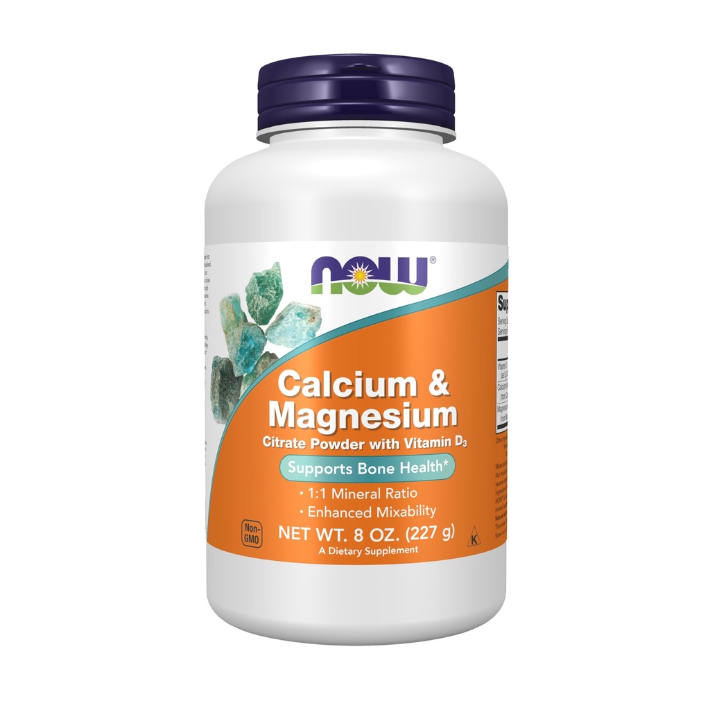 NU Mattilskudd, kalsium og magnesium Citrat pulver med vitamin D3, støtter bein helse*, 8-Ounce