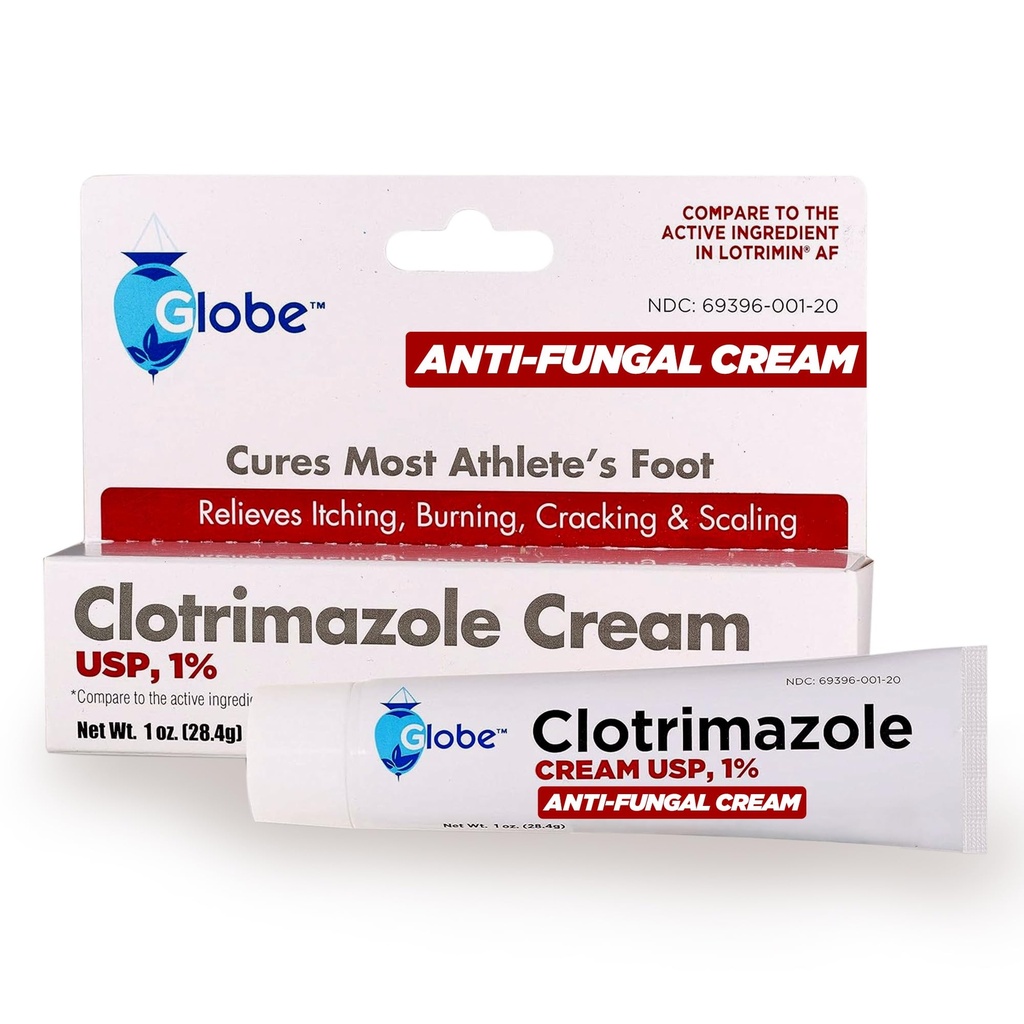 Globe Clotrimazol Antifungal Cream 1% USP (1 oz), Anti Fungal behandling, lindrer kløe, brenning, brakking og skalering assosierte atleter fot, Jock Itch, Ringorm og mer