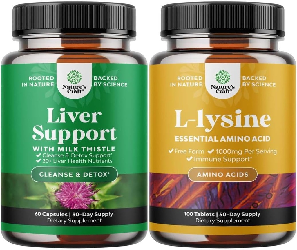 Bundle of Milk Thistle Liver Support Supplement og L Lysine 1000mg Næringstilskudd - Herbal Liver Supplement med Silymarin Melk Thistle - L-lysine Essentielle Aminosyrer Supplement