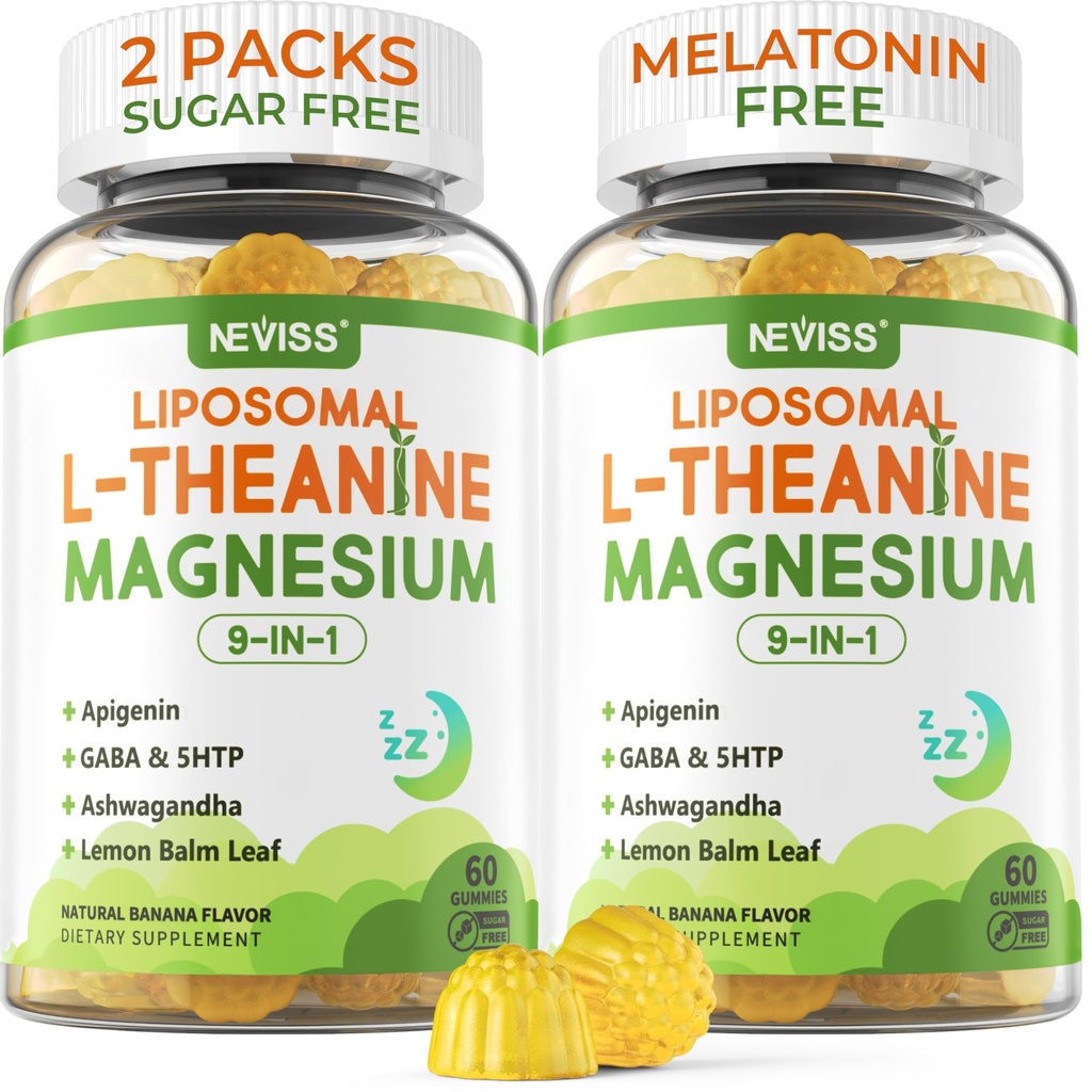 Liposomal L-Theanine 200mg Magnesium Glycinate 400mg Gummies med GABA, 5HTP, Apigenin, vitamin B6 & D3, Ashwagandha, sitron Balm Leaf, Melatonin Free Sleep Chewable for Relax Mood & Muscle, 2 Pakker