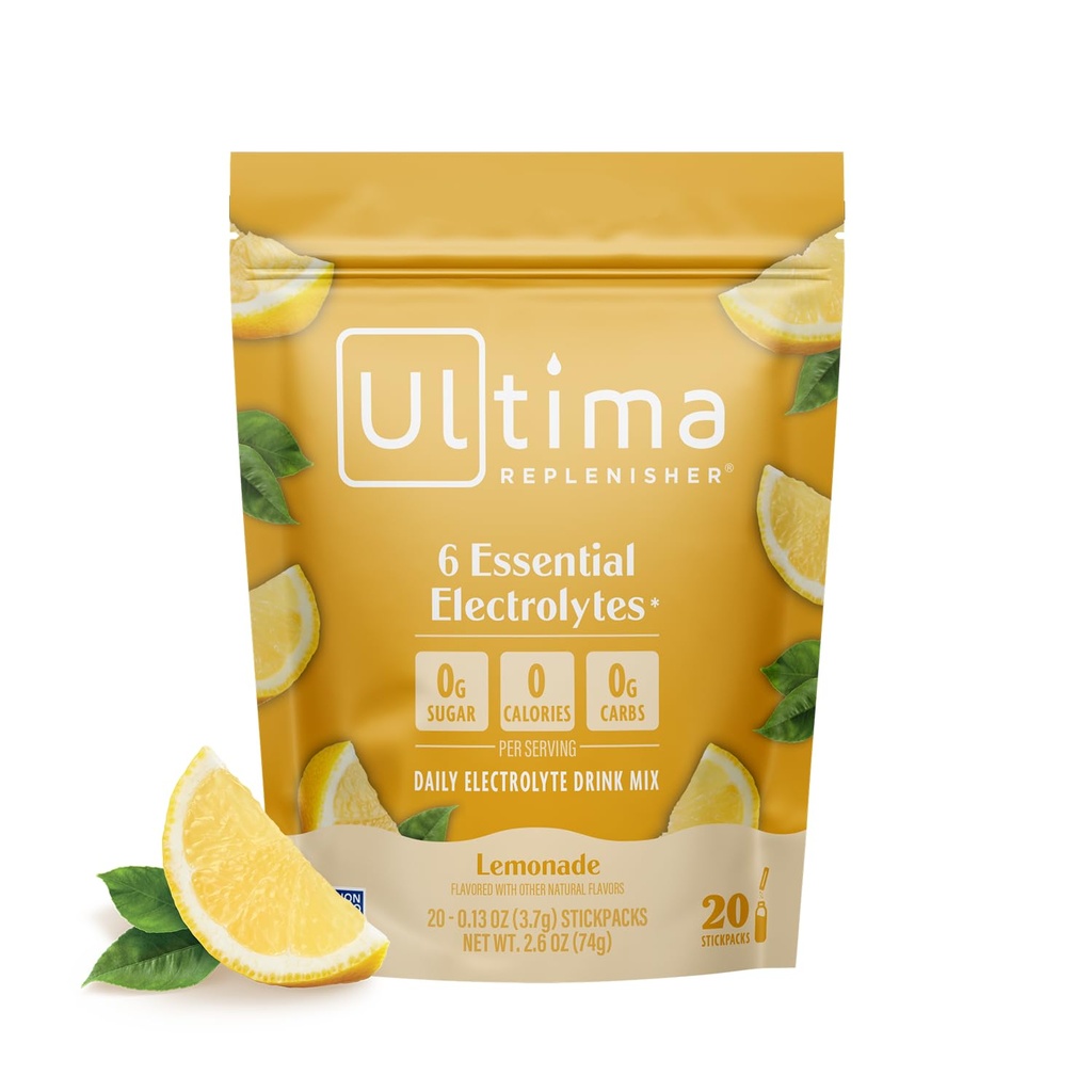 Ultima Replenisher Daglig Electrolyte Powder Drink Blande – Sukkerfri – Lemonade, 20 Stickpacks – Hydration Packets med 6 Nøkkelelektrolyter og Trace Minerals – Keto vennlige, Vegan, Ikke-GMO
