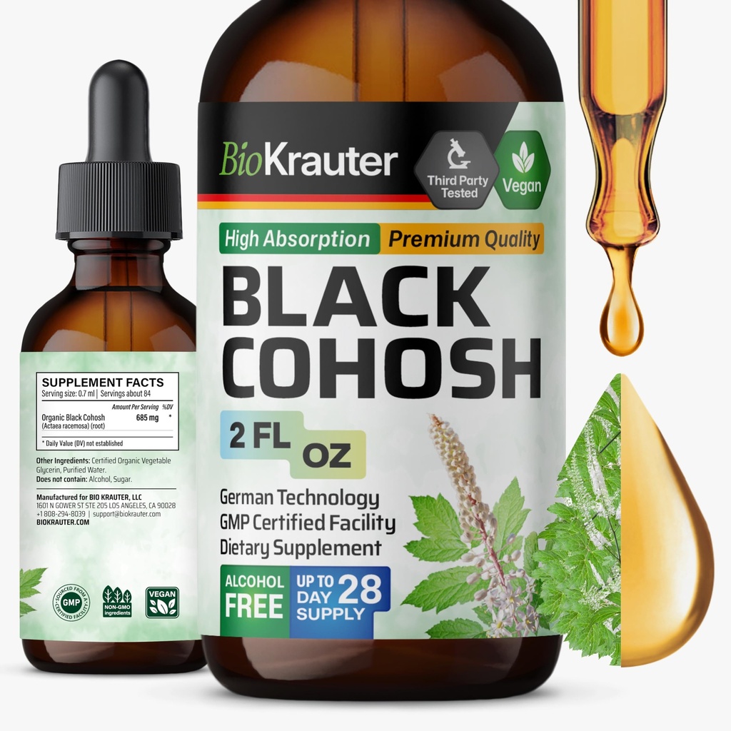 BIO KRAUTER Black Cohosh Root Tinktur - Vegansk Svart Cohosh Kosttilskudd Kvinner Støtte - alkohol og sukker gratis - 2 Fl.Oz.