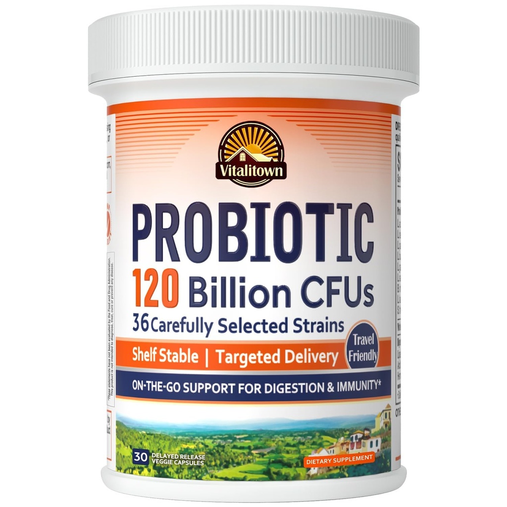 Vitalitown Probiotika 120 milliarder CFUs, 36 Strains, Prebiotika, Digestive Enzymer for menn kvinner, forsinket frigjøring, hyllestabil, på Go Digestive Support, 30 Veg Caps