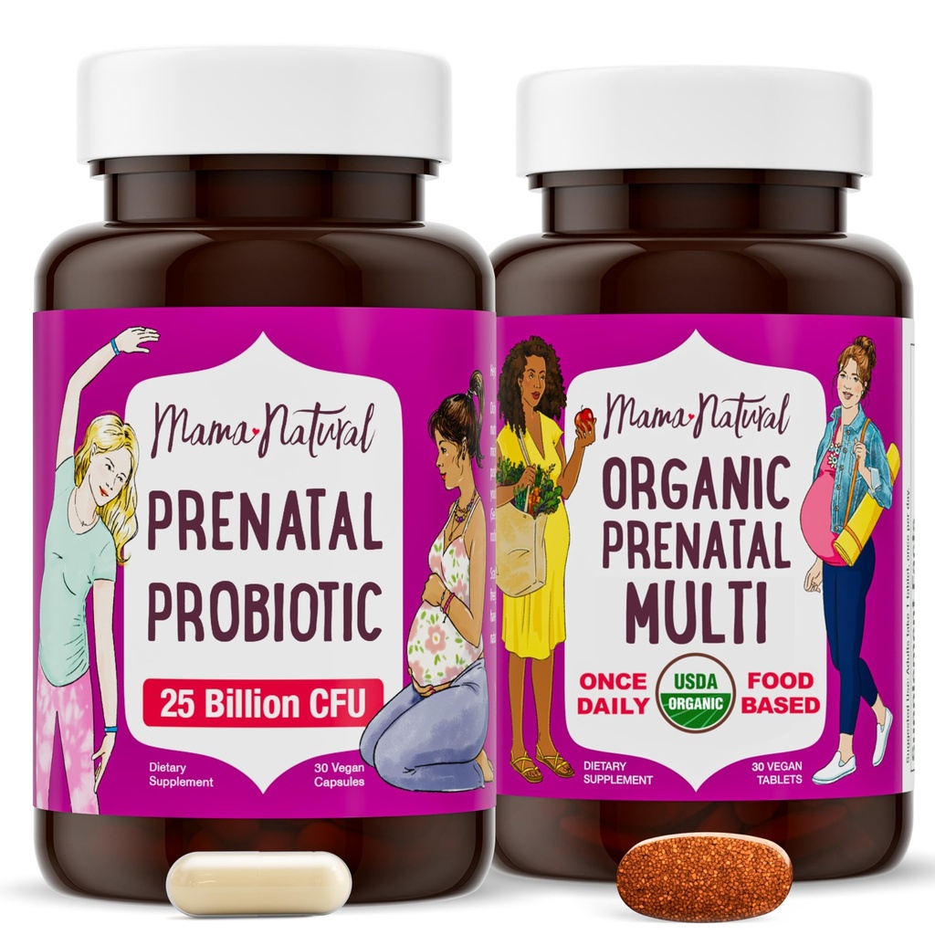 Mama Natural Prenatal Bundle – organiske prenatal vitaminer for kvinner + målrettet probiotika for graviditet & postpartum wellness - bare 2 piller om dagen - Vegan & ikke-GMO (30 dagers forsyning)