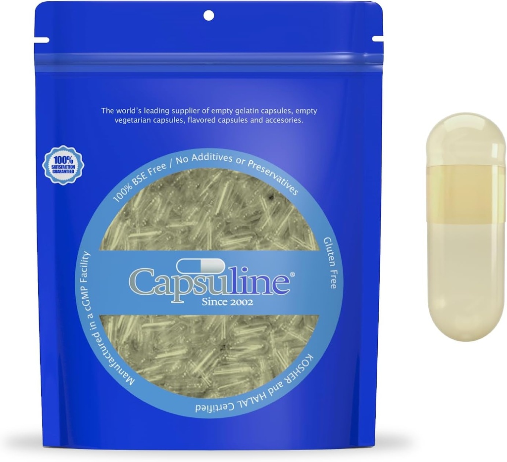 Capsuline Safflower Farget Størrelse 00 Tom Vegansk Kapsler Gul/Ål - 1000 greve - Vegetarisk Tom Pill Kapsler - DIY Grønnsaker Kapsel Fylling - Veggie Pill Kapsler - Kosher og Halal sertifisert