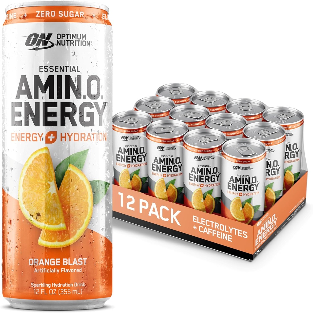 Optimal ernæring Amino Energi Sparkling Hydration Drink, Elektrolytter, Koffein, Aminosyrer, BCAA, Sukkerfri, Orange Blast, 12 Fl Oz, 12 Pack (Packing May Vary)
