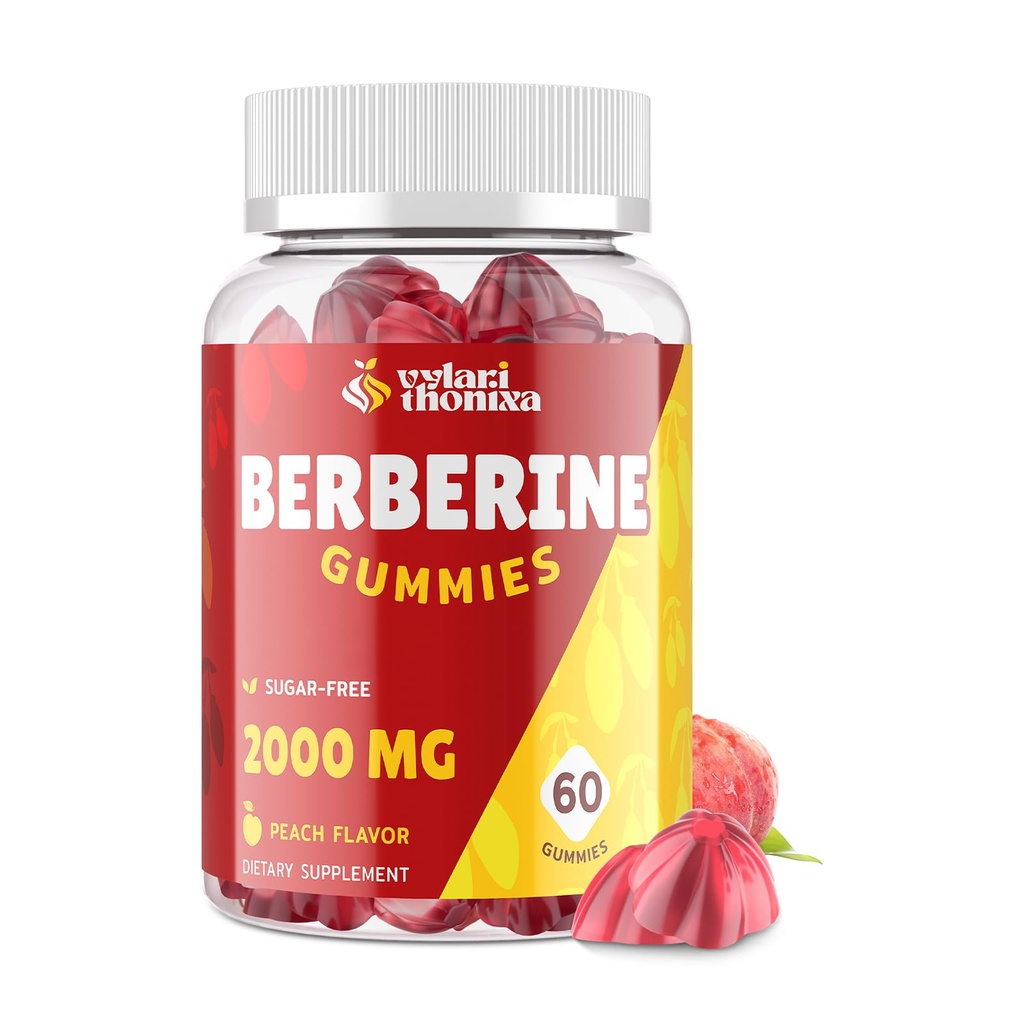 2000mg Berberine Supplement Gummier - høy potens Berberine med Ceylon Cinnamon Candy, Turmeric, Magnesium, Chromium - sukkerfri, Vegansk, Ikke-GMO, Glutenfri - Peach Flavor 60 Gummies - 1 pakke