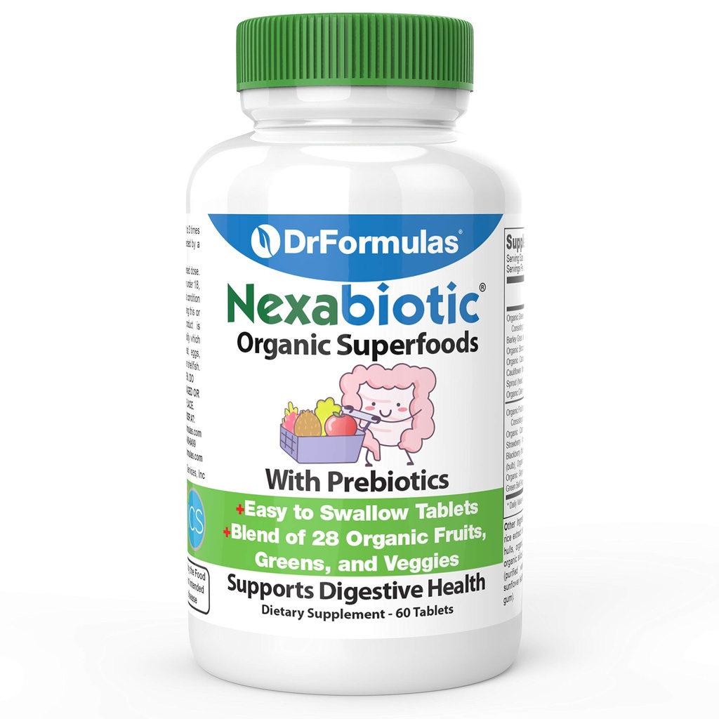 DrFormulas Organic Prebiotic Fiber for parabol relief Nexabiotic Superfood Tabs for probiotiske digestiv helse, 60 tabletter