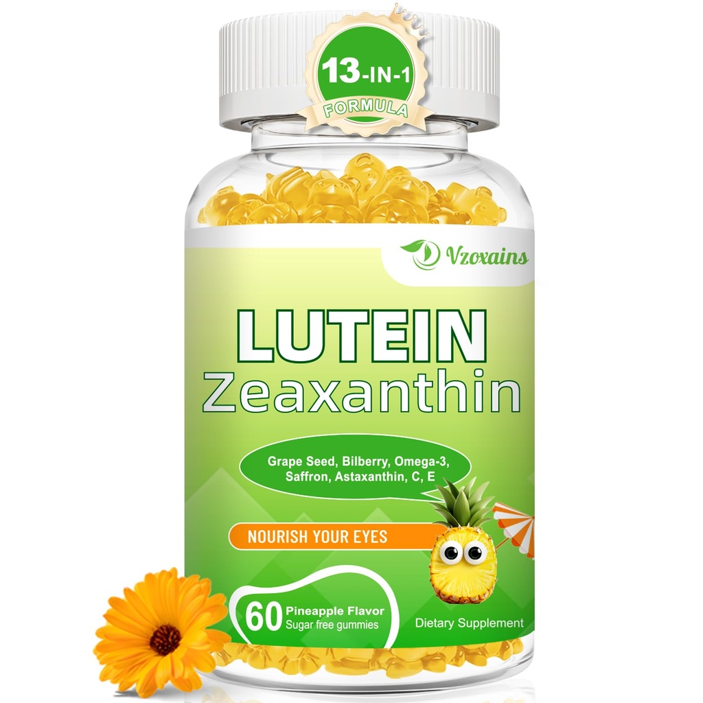 Lutein 20 mg med Zeaxanthin Gummies, Lutein og Zeaxanthin kosttilskudd med øyevitaminer C, E, Bilbær for øyehelse - 60Cts
