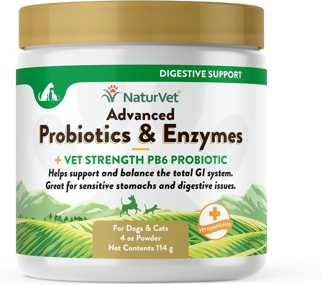 NaturVet – Avanserte probiotika og enzymer - Plus Vet Styrke PB6 Probiotic | Støtter og balanser Kjæledyr med sensitive magene og digestive problemer | for hunder og katter (4 oz)