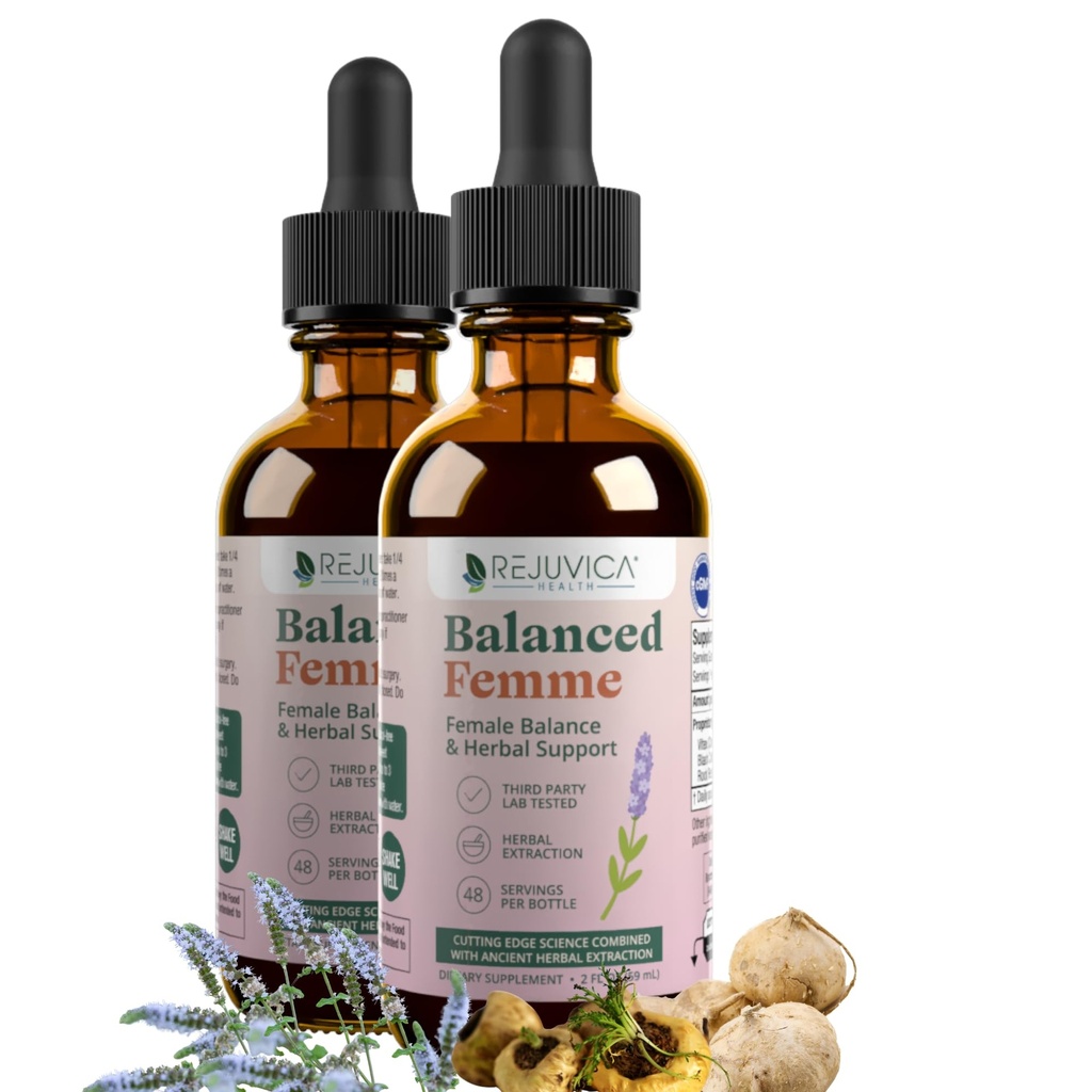 Rejuvica Health Balanced Femme - Menopause Støtte for Hot Flashes & Kvinne Balance - Flytende levering for bedre absorpsjon - Black Cohosh, Dong Quai, Vitex, Maca Root & Mer!