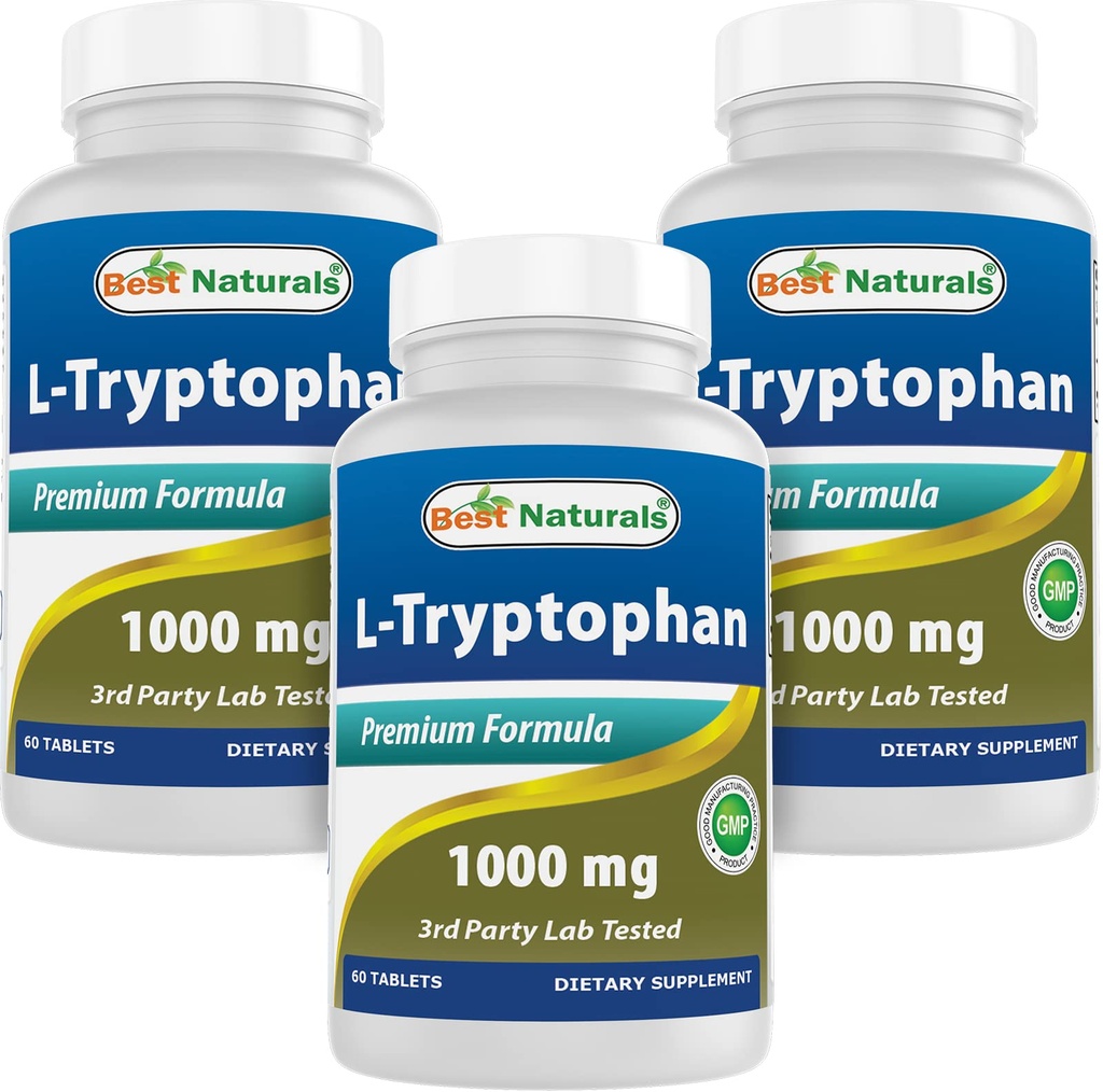 Beste Naturals L-Tryptophan 1000 mg 60 tabletter (60 greve (pakke på 3))