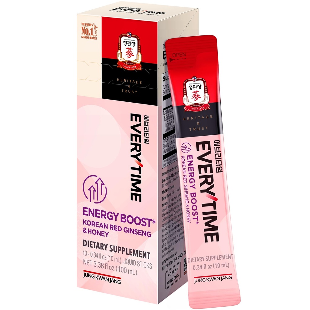 JUNG KWAN JANG Hver gang energi øker Korean Rød Ginseng Extract 1000 mg & Honning - Vegansk Ginseng Energi Drikke flytende Stick kosttilskudd - Bygger Stamina & Immunitet Ingen Koffein (10 Sticks, 0.34 fl oz)