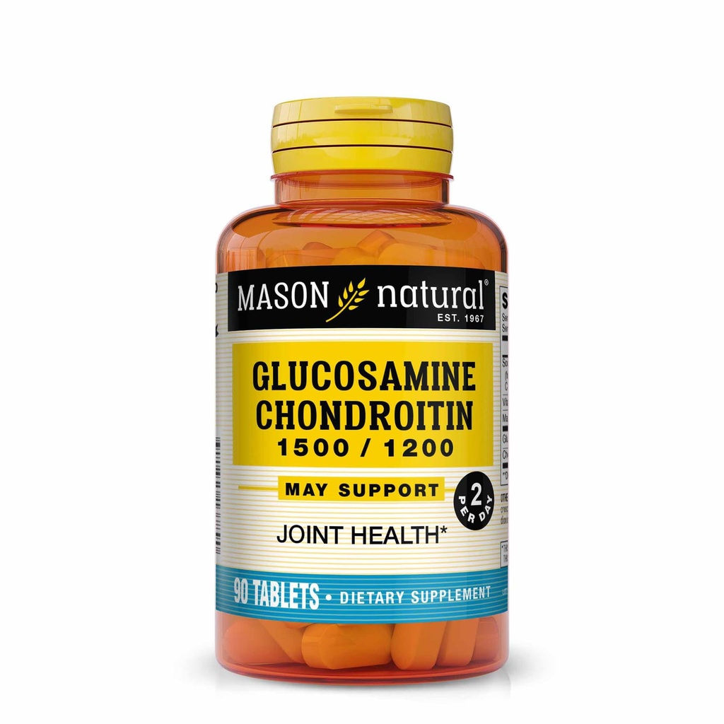MASON NATURAL Glukosamine Chondroitin 1500/1200 2 per dag med vitamin C - støtter felles helse, forbedret fleksibilitet og mobilitet*, 90 kapsler