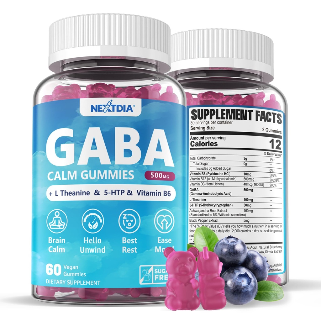 GABA Gummies 500 mg - Sukker-fri ro Gummies med L Theanine, 5-HTP, vitaminer D3, B12, Ashwagandha, Melatonin-fri for hjernen ro, Mood, Zzz Bedre, GABA Supplement for voksen, Blueberry Flavor, 1Pack
