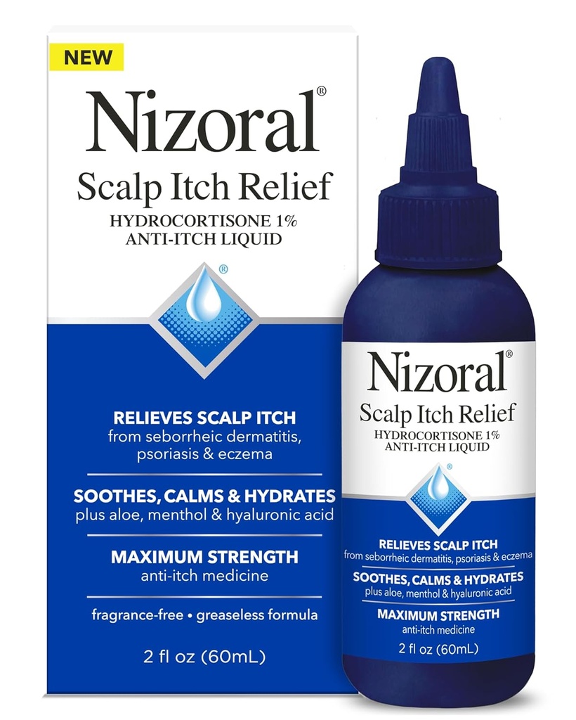 Nizoral Scalp Itch Relief Liquid—Relieves Scalp Itch og Soothes, beroliger og Hydrates med maksimal styrke Anti-Itch Medisin (Hydrokortison 1%), 2 Fl Oz