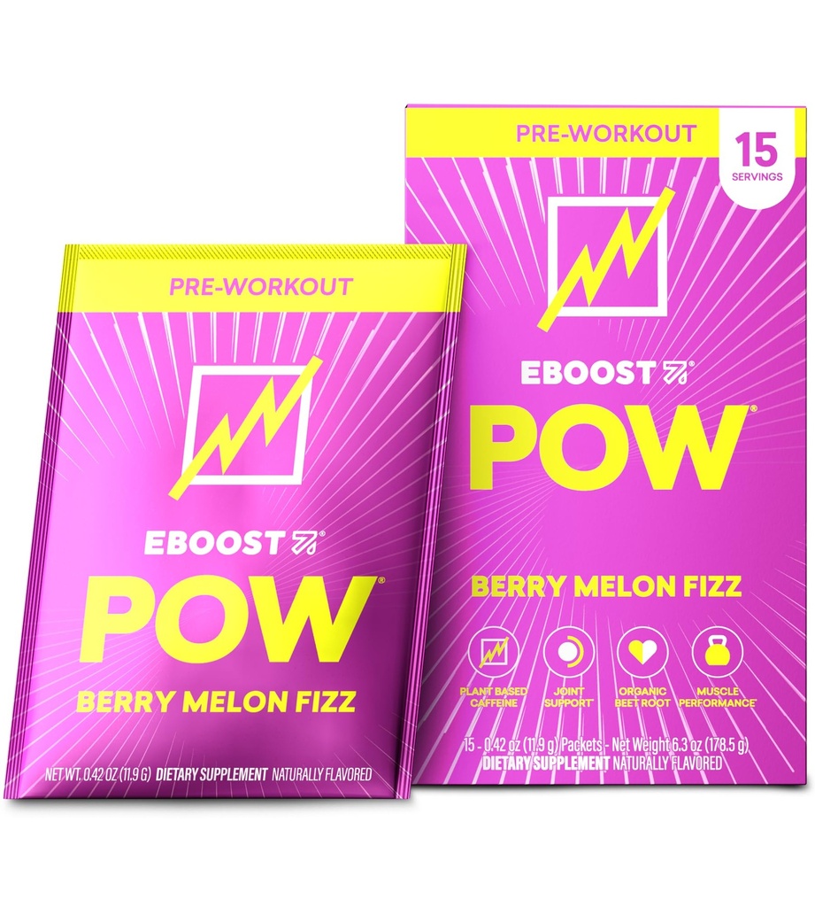 EBOOST POW naturlig pre trening pulver - 15 pakker, Berry Melon Fizz - Preworkout energi Booster Gym Supplement Drink Mix for menn og kvinner - ytelse, felles mobilitetsstøtte - Glutenfri
