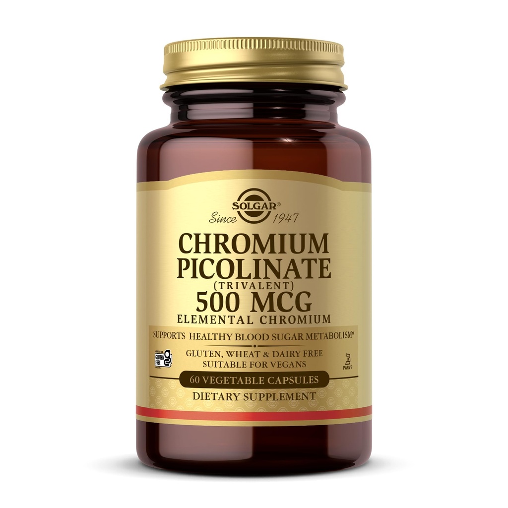 Solgar Chromium Picolinat 500 mg - 60 Grønnsaker Kapsler - Støtter sukker, fett og proteinmetabolisme - Ikke-GMO, Glutenfri, Kosher - 30 Services