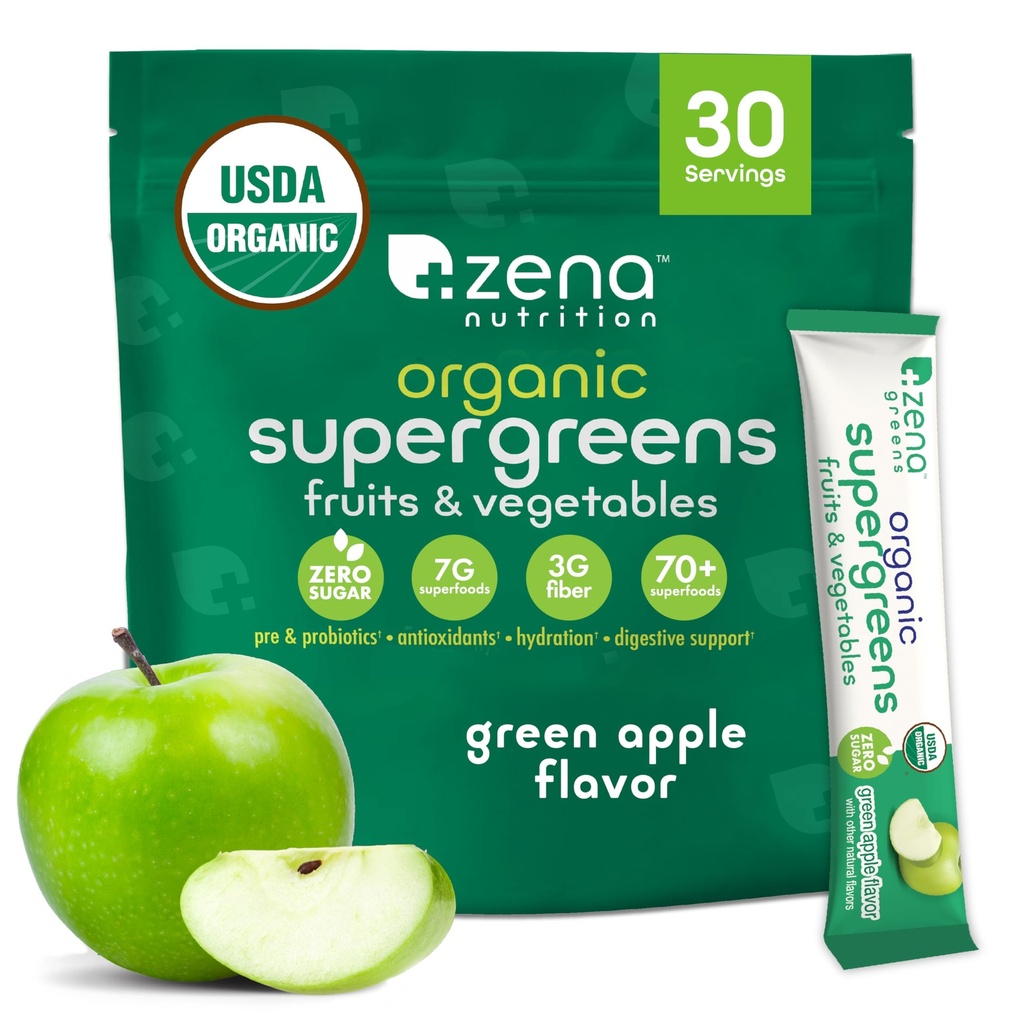 Zena Nutrition Organic Super Greens pulver, 70+ Superfoods, 0 Sukker, 3G Fiber, Spirulina, Klorella, Antioksidanter, Prebiotika/Probiotika, Digestive Enzymer, Grønne Apple, 30 Drikkemiks pakker